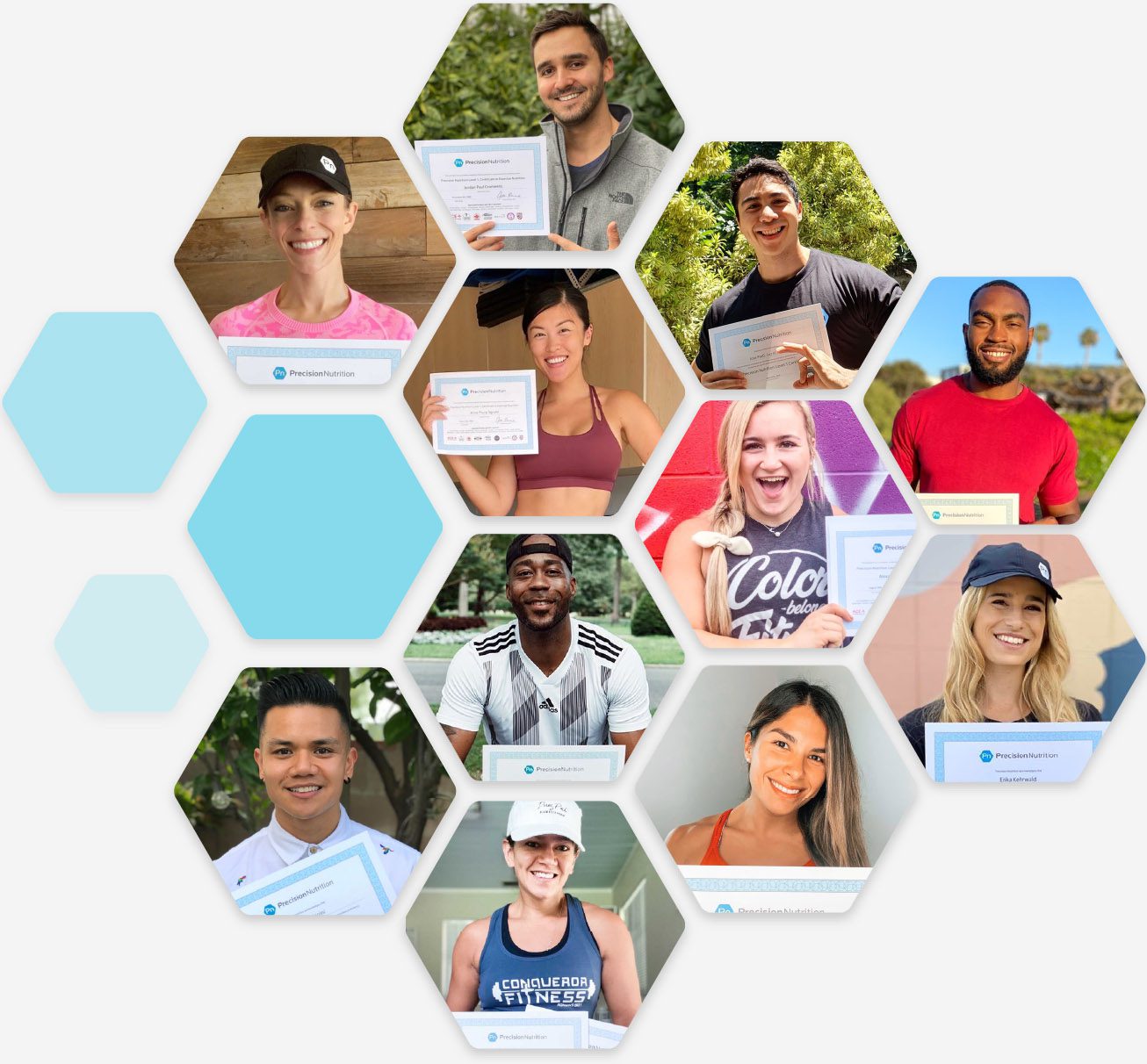 People smiling and holding Precision Nutrition's online nutrition coach certification