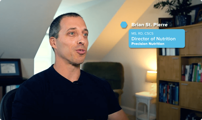 Video still of Precision Nutrition coach Brian St Pierre leading an online session