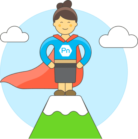 Caped superheroine wearing Precision Nutrition shirt standing triumphantly atop a mountain